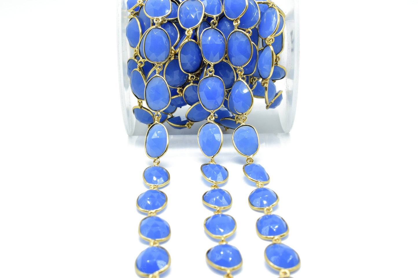 Blue Chalcedony Bezel Connector Chain,Free form Size Faceted Gemstone Connector Chain,Handmade Bezel Link Chain,Gold Plated Bezel Link Chain