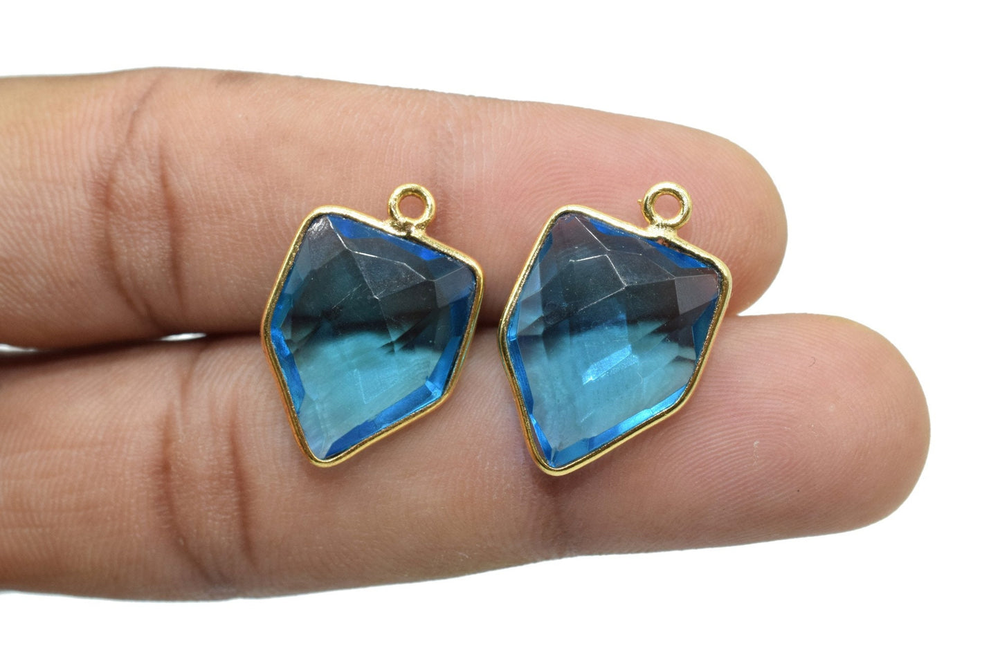 London Blue Topaz 13x17mm Bezel charm,Blue Topaz fancy pendant,Blue Topaz Gold Plated bezel,jewelry making charms crafts,December Birthstone