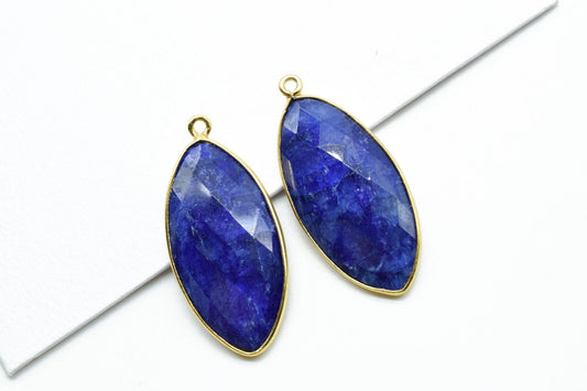 Blue Sapphire 15x30mm Marquise shape single bail connector,Sapphire Brass Gold Plated bezel,Sapphire Connectors,Sapphire gold Bezel Pendants