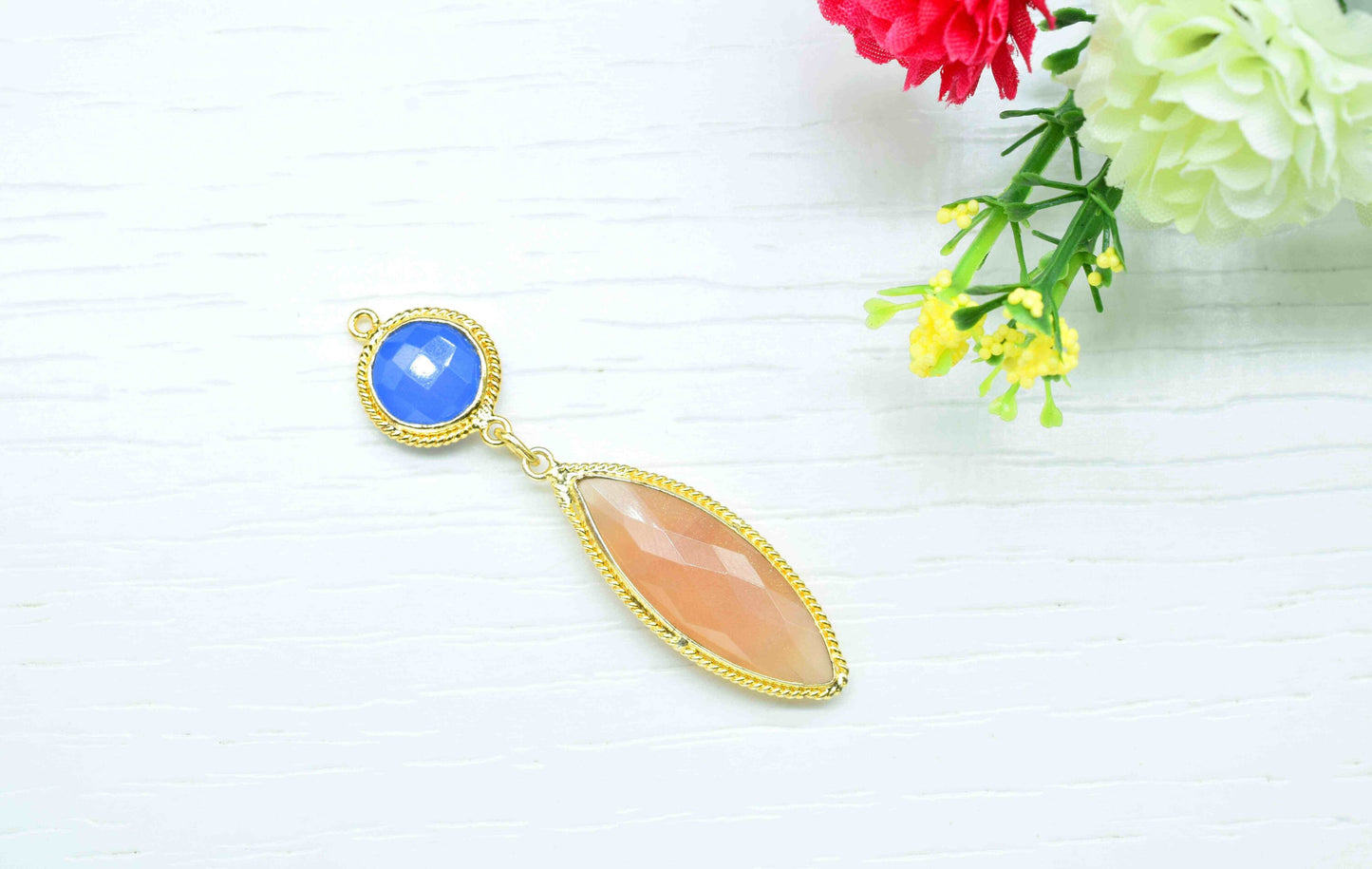 Blue Chalcedony  Pendant Charms , Peach Moonstone  Dangle Earring Component , Multi Gemstone Dangle Earring , Component Jewelry , B'day Gift