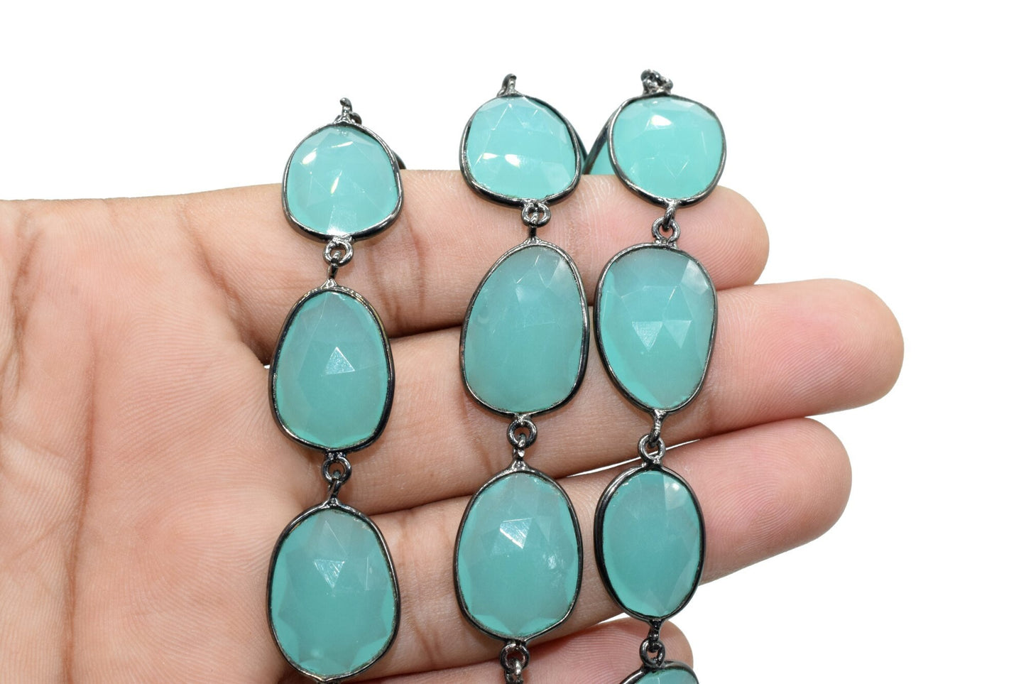 Aqua Chalcedony Bezel Connector Chain,Free form Size Faceted Gemstone Connector Chain,Handmade Bezel Link Chain,Gold Plated Bezel Link Chain
