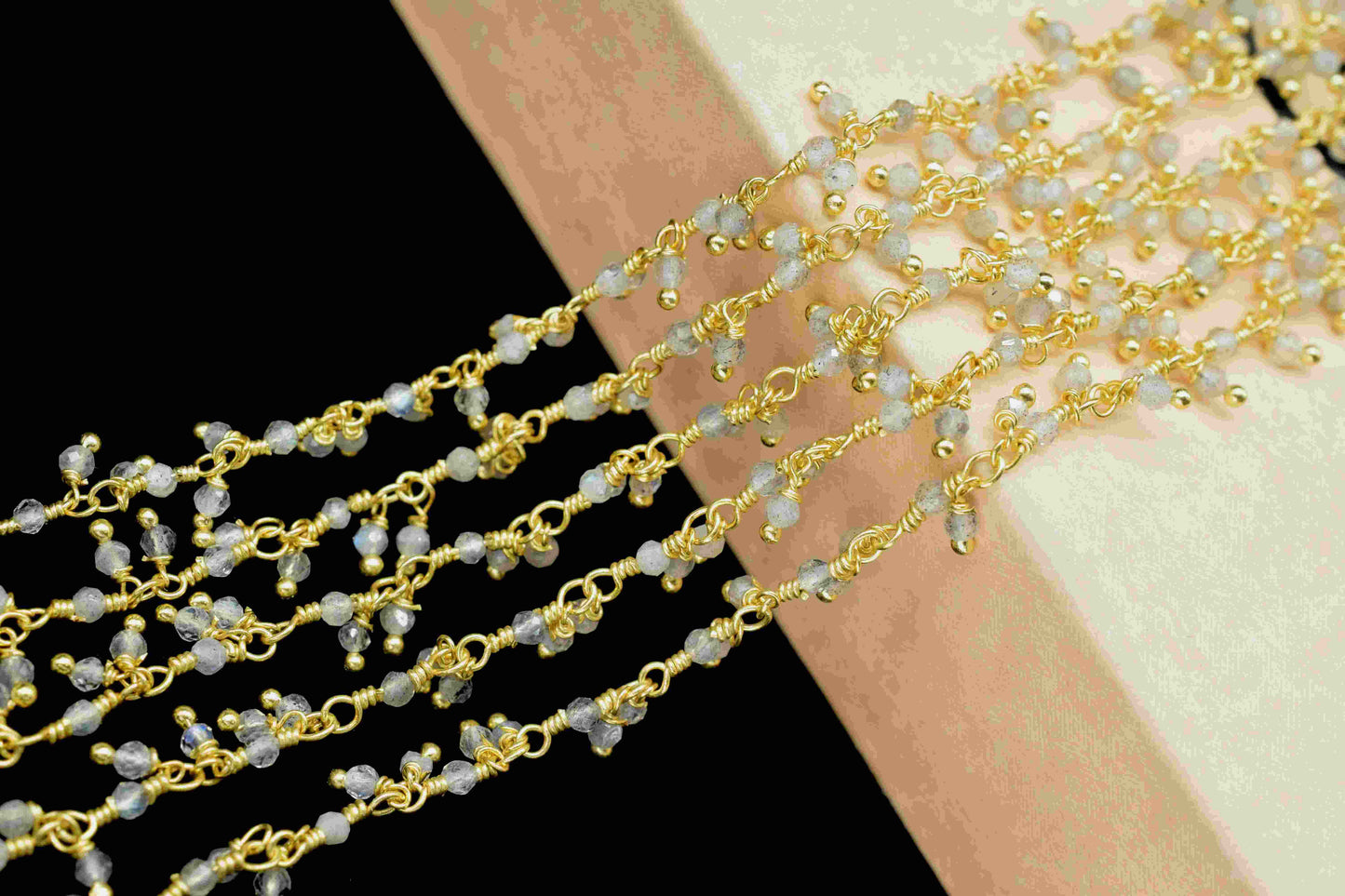 Labradorite 2mm Cluster Beaded Chain,Labradorite Rosary Chains,Gold Plating Wire Wrap Chain,Brass Chain,Rosary Chain,Jewelry Making Chains