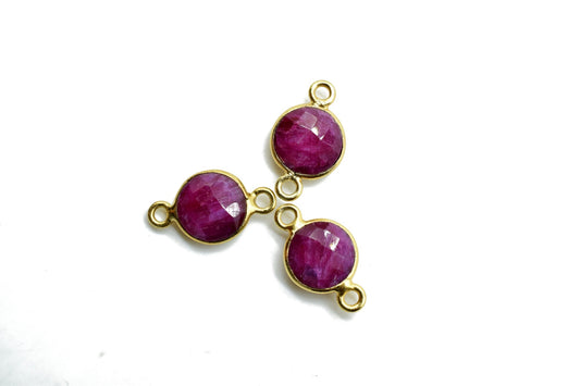 Natural Ruby 8mm round double loop connectors,Ruby Pendant,Ruby Round Gold Plated bezel,Bezel,Ruby jewelry making charm,Ruby Brass connector
