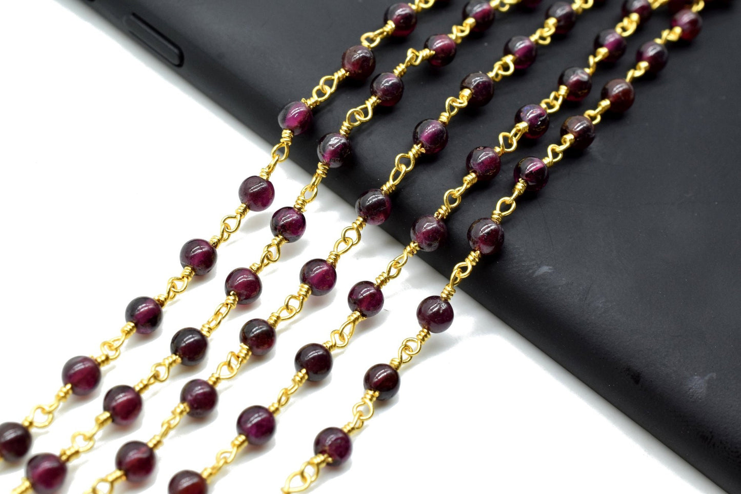Garnet 4mm Round Beaded Chain,Premier Quality Non Tarnish Gold Wire,Garnet Wire Wrapped Rosary Chain,Brass Wire Wrapped Links,Garnet rosary