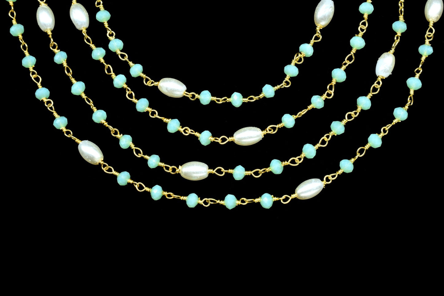Aqua Chalcedony Hydro Faceted Rondelle Beaded Rosary Chain,Gold Plated Rosary Chain,Finding Wire Wrap Necklace Chain,Pearl Rosary Chain Gift
