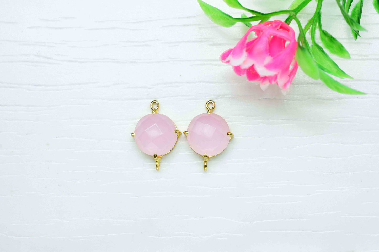 Rose Quartz Round Connector,double bail connector,Rose Quartz jewelry,Handmade Gemstone Bezel,Pink Quartz Prong Bezel Connector Jewelry,Gift