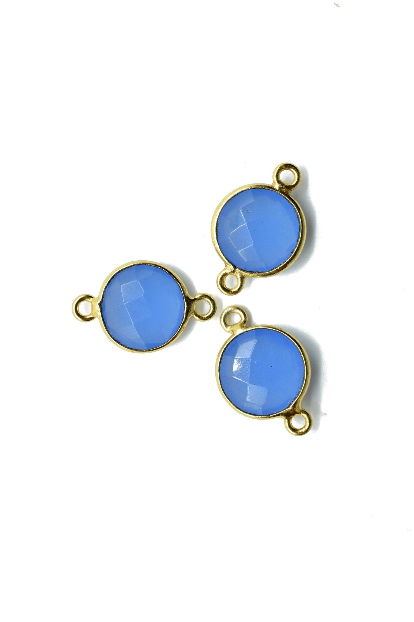 Blue Chalcedony 10mm Round double bail connectors,Blue Chalcedony Gold Plated Gemstone Bezel Connector,Blue chalcedony Double Loop connector