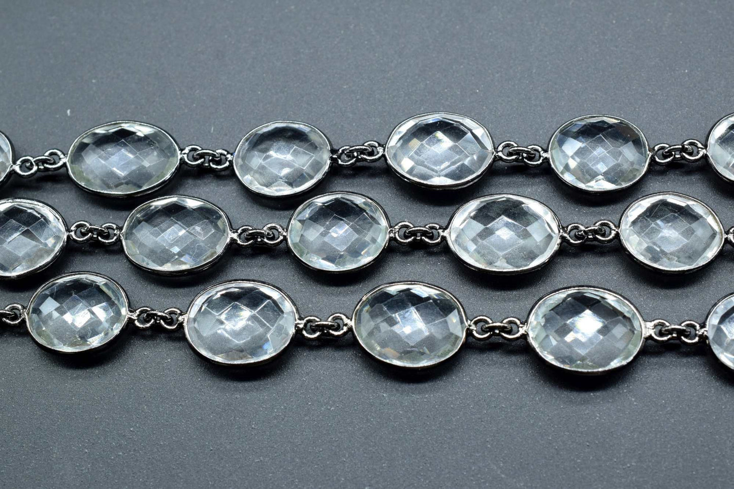 Crystal Bezel link Chain I Handmade Bezel Link Chain,Clear Quartz black rhodium Bezel Chain IBrass Chain,Gemstone Connector Chain Per Foot