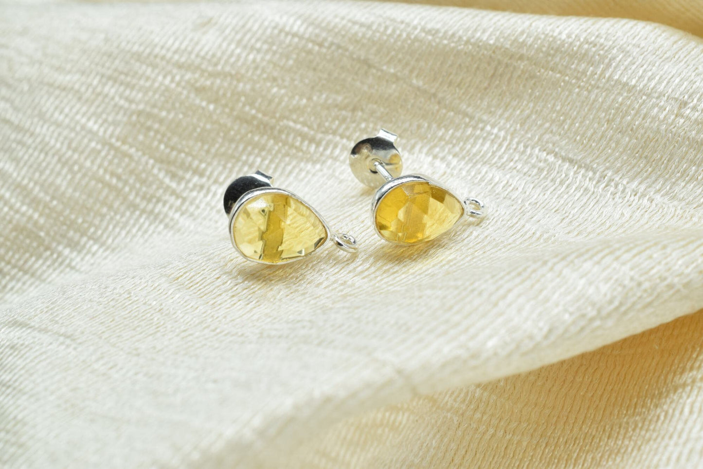 Citrine 7x10mm Teardrop shape Earring connector Stud post setting with loop open bail, Citrine Silver Plated Earring With Loop