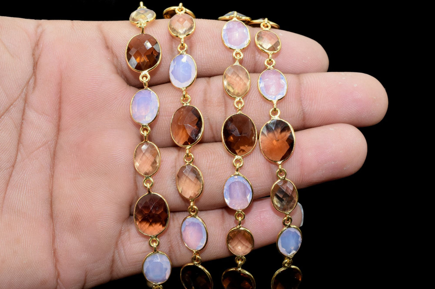 Smoky Quartz & Pink Opalite Gold Plated Bezel Chain Gemstone Connector, Chain,Bezel Connector Chain,Selling Per Foot,Jewelry making chains