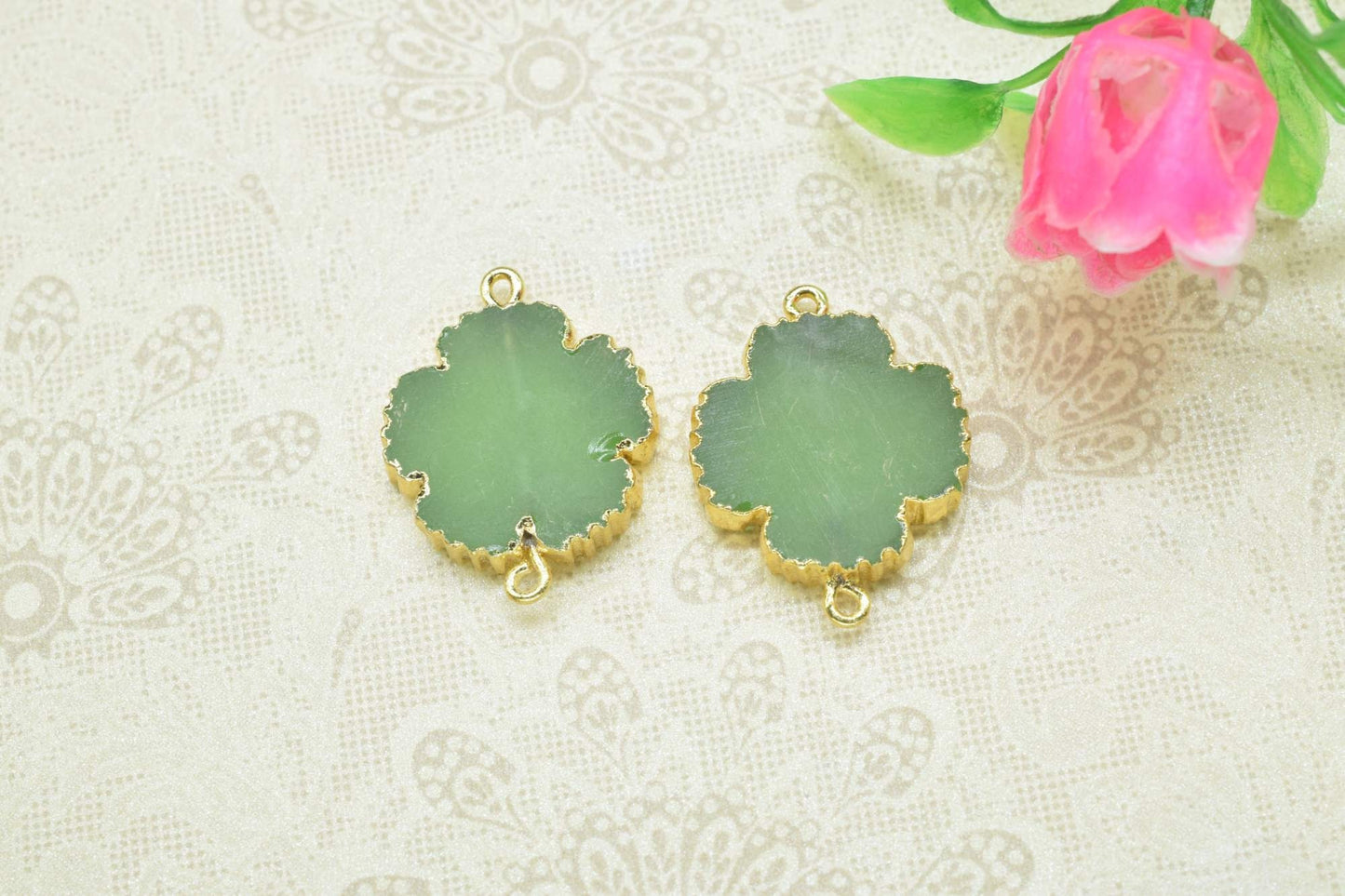 Prehnite Clover Shape Pendants,Handmade bracelet charm Pendants,Necklace Connectors,Gemstone Electroplated Charm,Double Bail Connectors,Gift
