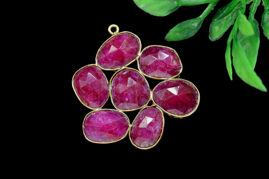 ruby pendant,Gemstone Floral Pendant,Handmade Designer Solid Pendant,Statement  pendant,Gemstone  gold plated pendant,handmade craft,july