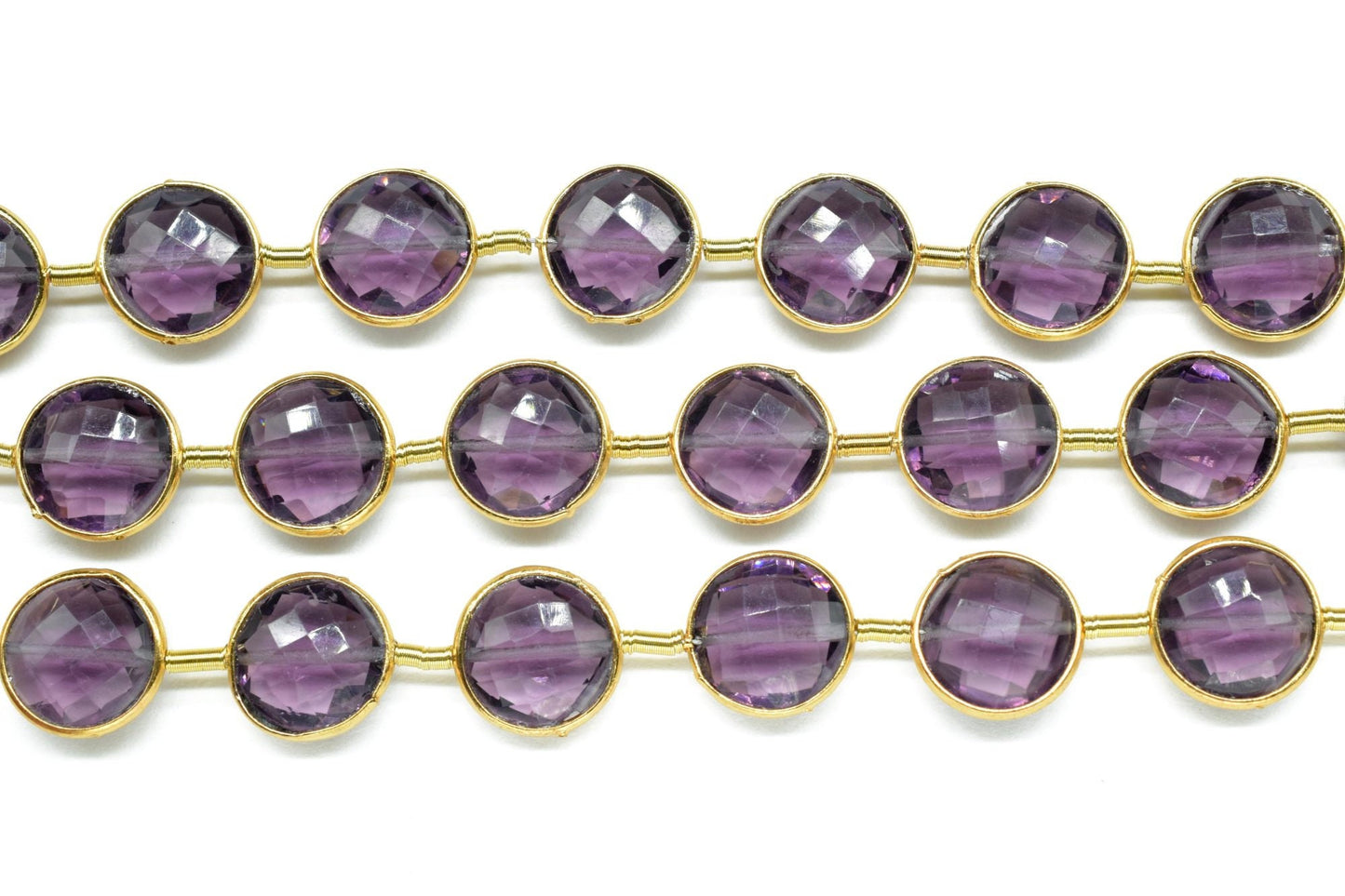 Amethyst Gemstone 10mm Round Charms Beads Strand,Amethyst Findings Jewelry Making,Brass Gold Plated bezel,February Birthstone Coin Links