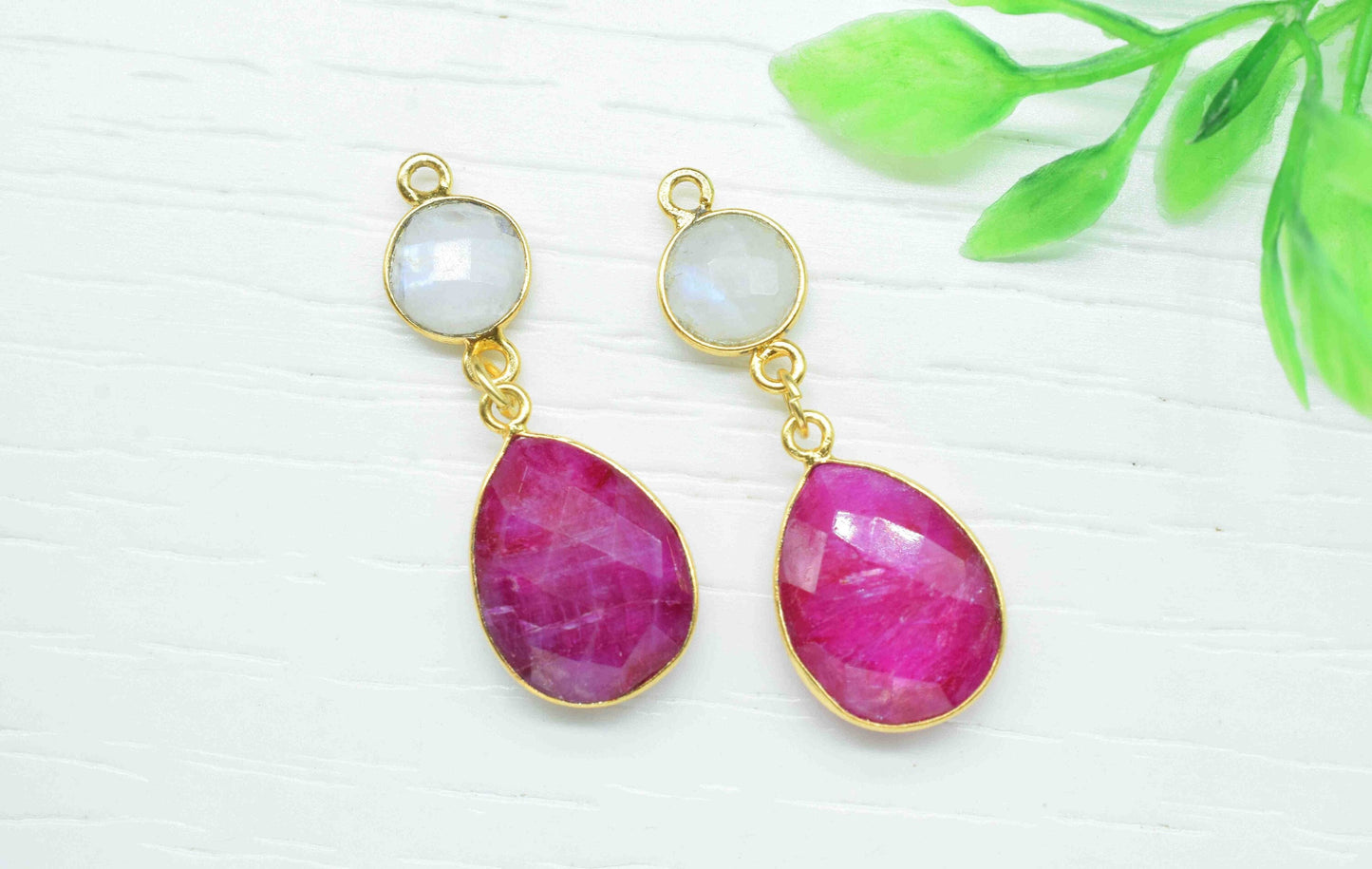 Moonstone Dangle pendant Charms,Multi Gemstone Dangle Earring,Ruby pendant Connectors,Handmade Station Bezel Link,Component Jewelry Gift For