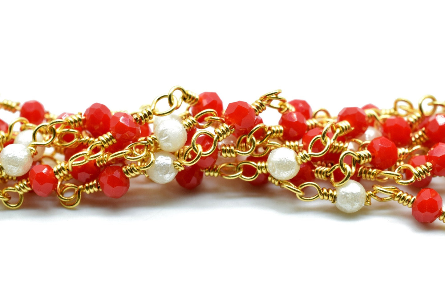 Ruby Chalcedony 3mm Beaded Chain,pearl Wire Wrapped Chain,Ruby Chalcedony Brass chain,Jewelry Making Chain,Beaded rosary chain,pearl chain
