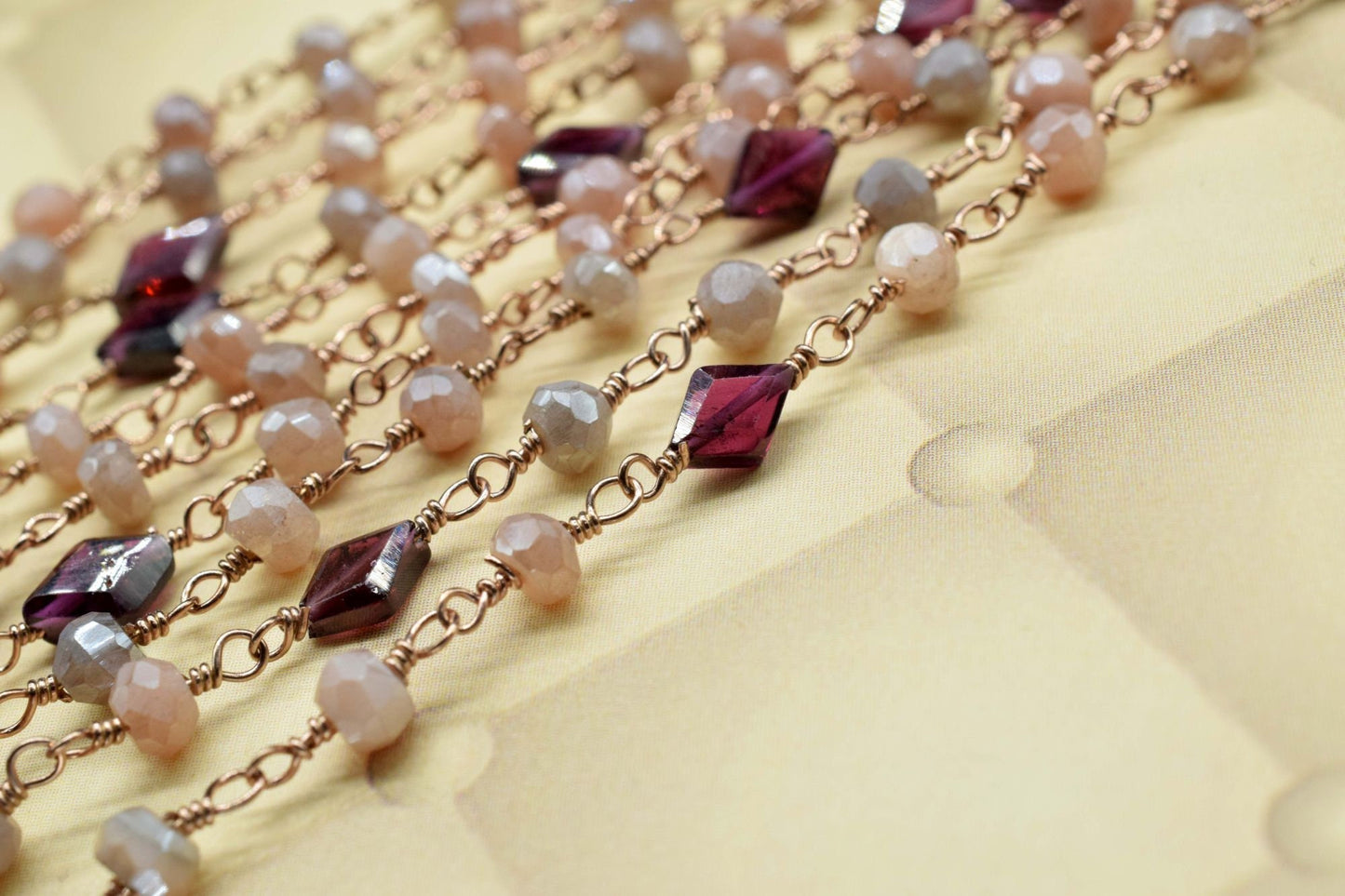 Chocolate/Peach Moonstone Gemstone Rosary Chain,3.5mm Faceted Beads, 24k Gold Plated Wire Wrapped Chain,garnet beaded chain,multi gemstone,
