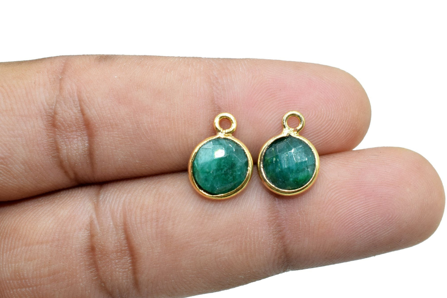 Natural Emerald 8mm charm,Emerald Pendant,Emerald Round Gold Plated bezel,Emerald Vermeil Bezel,jewelry making charm,Emerald Brass connector