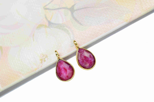 Ruby 6x8mm Teardrop Earring Connector,Ruby Component stud Pendant,Gold Plated Earring Connector,Genuine Ruby Connector,Jewelry CraftSupplies