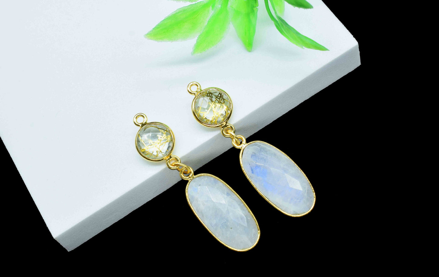 Rainbow Moonstone Dangle pendant Charm,Golden Rutile Connector,Handmade jewelry,Component pendant,Station Link,Multi Gemstone Dangle Earring
