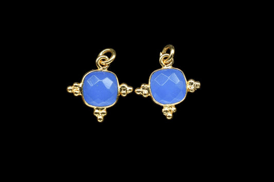 Blue Chalcedony 8mm Cushion Bezel charm/Station Bezel Link Supplies/Blue Jewelry Making/Square Pendant/Gemstone Connector Pendant,B'day Gift
