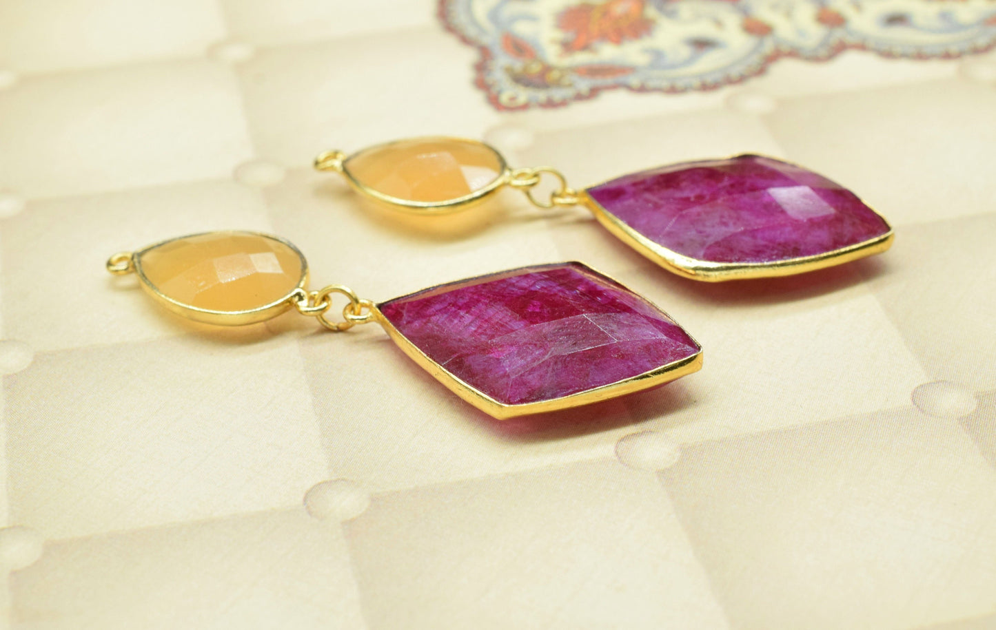 Natural Ruby Dangle pendant Charms,Yellow chalcedony Connector,Handmade jewelry,Component pendant,Station Link,Multi Gemstone Dangle Earring