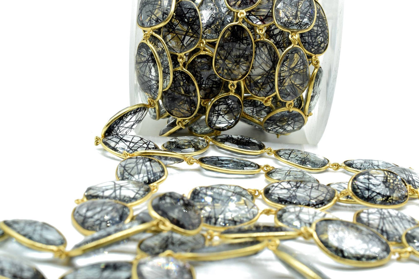 Black Rutile Gold plated Bezel Connector Chain,Black Rutile Faceted Bezel Link Chain,Black Rutile Free form bezel connector chain,jewelry