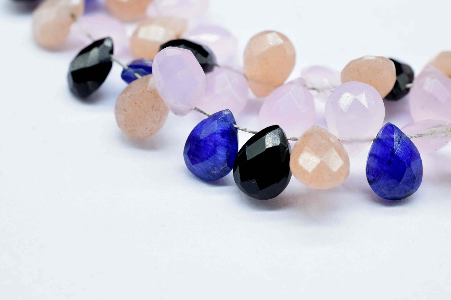 Multi Stone Pear Shape Briolette,Peach Moonstone Briolette, 6x8mm Teardrop,Black Onyx Briolette,Rose Quartz Teardrop, 8''Pear Shape Strand