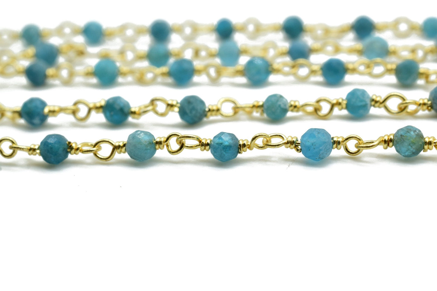 Apatite 3mm Beaded Chain,Apatite wire wrapped chain,Beaded chain,rosary chain,jewelry making supplies,Apatite Gold Plated Wire Wrapped Chain