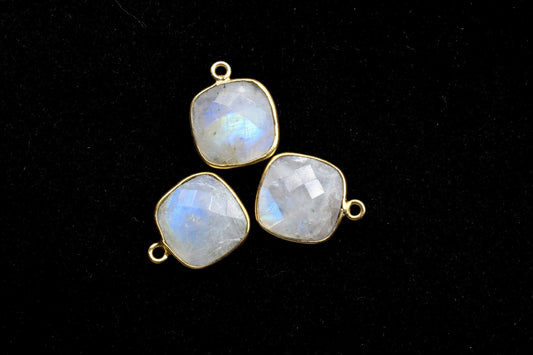 Moonstone 12mm cushion shape single loop connectors,Moonstone Pendants,White Rainbow bezel links,Gemstone Cushion Cone Charms,Minimal Stones