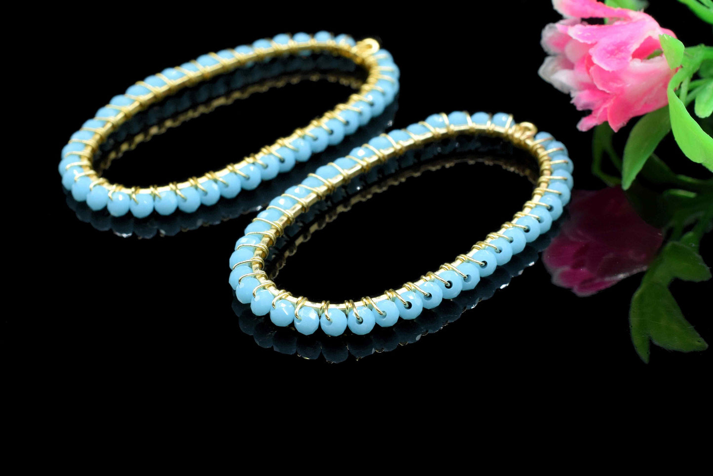 Turquoise Wire Wrapped Connector,Oval Shape Pendant Component,Turquoise Handmade Beaded Hoop Finding Component,Turquoise Quartz Jewelry,Gift