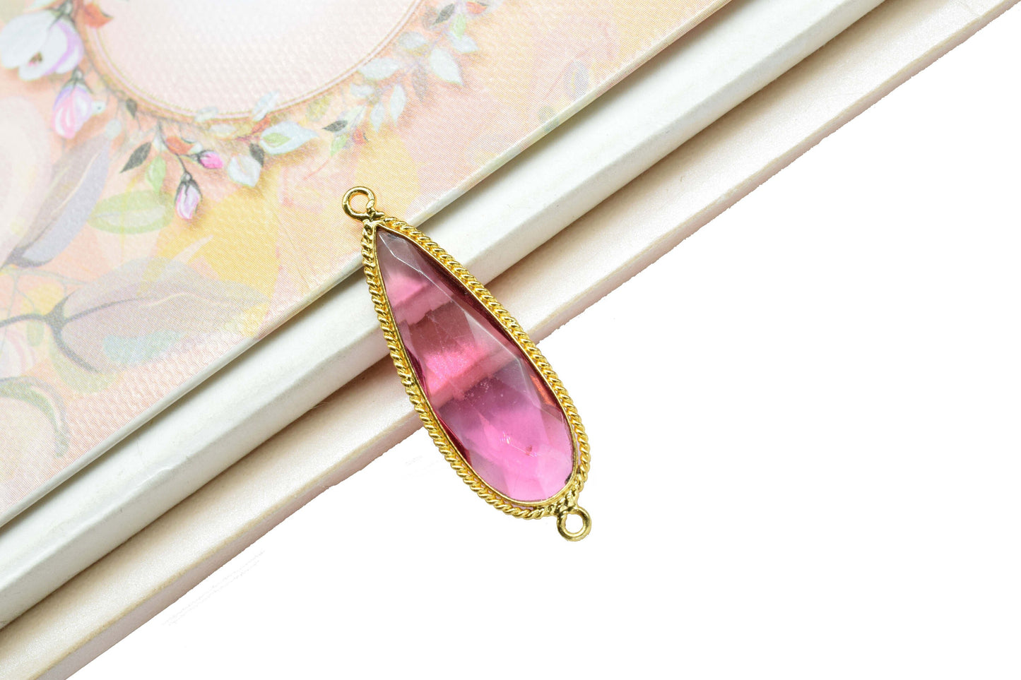 Pink Tourmaline 10x30mm pear shape Pendant,Tourmaline Faceted Charms Connector Jewelry,Pink Tourmaline Gold Plated Double bail bezel,Gift