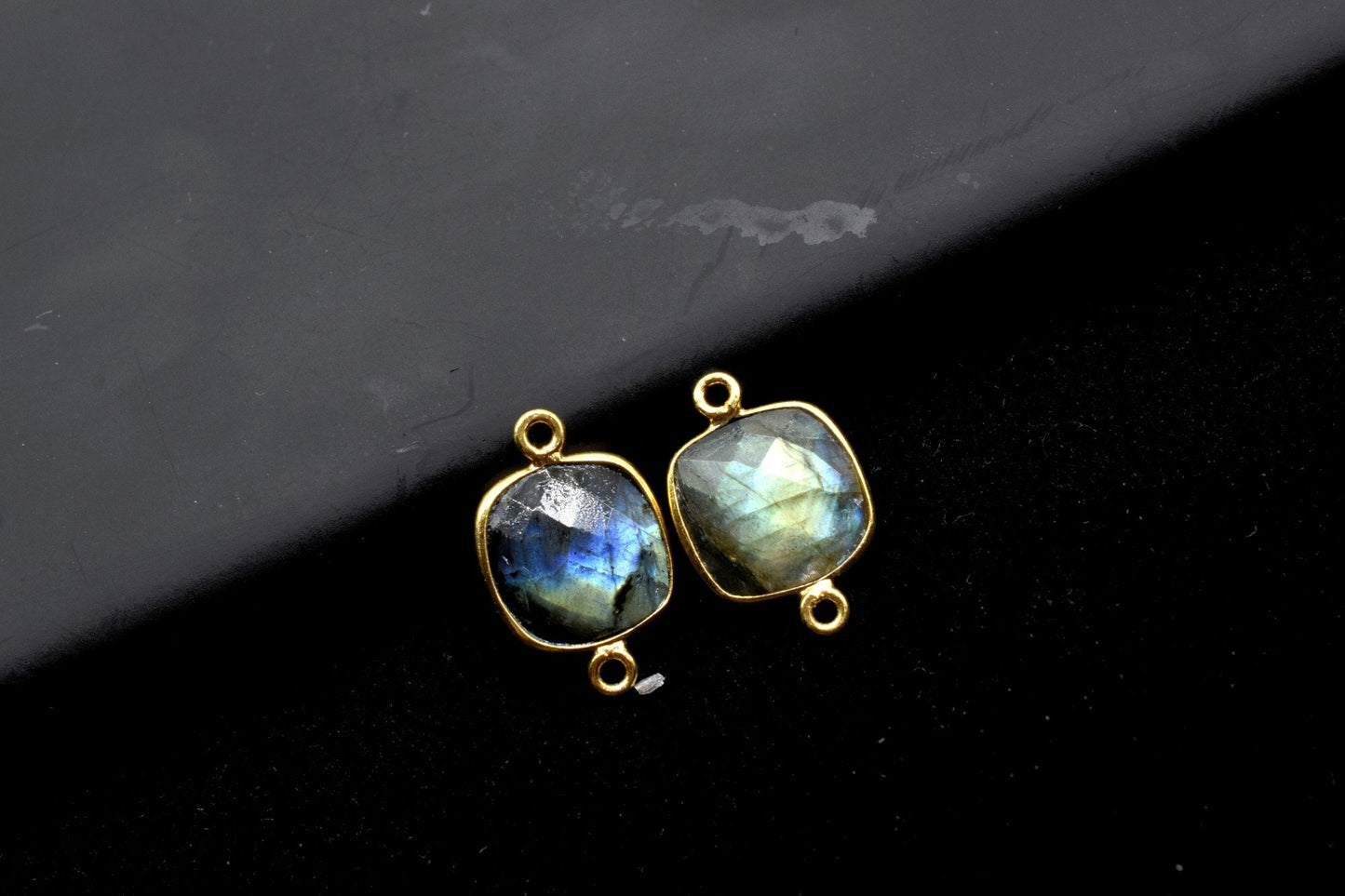 Blue Flash Labradorite 12mm cushion shape Double loop connectors,Brass Gold Plated bezels,Labradorite Pendants,Labradorite handmade bezels