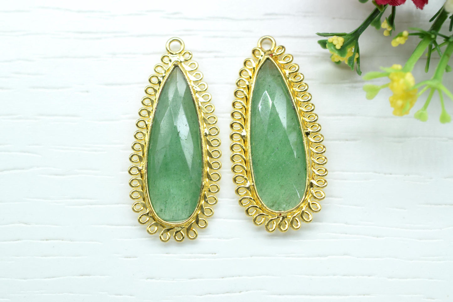 Green Strawberry 10x30mm Teardrop Bezel Charm,Single Bail Pendant,Handmade Jewellery Connectors,Gemstone Brass Component,Handmade Connector