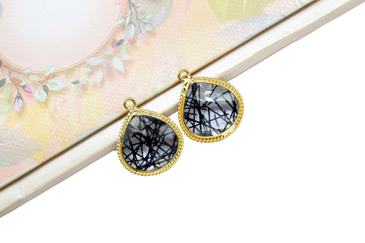 Black Rutile Gemstone 14mm Heat shape charm,Rutile Charms jewels,Rutile Single Bail pendant,Rutile Gold Plated bezel jewelry making charms