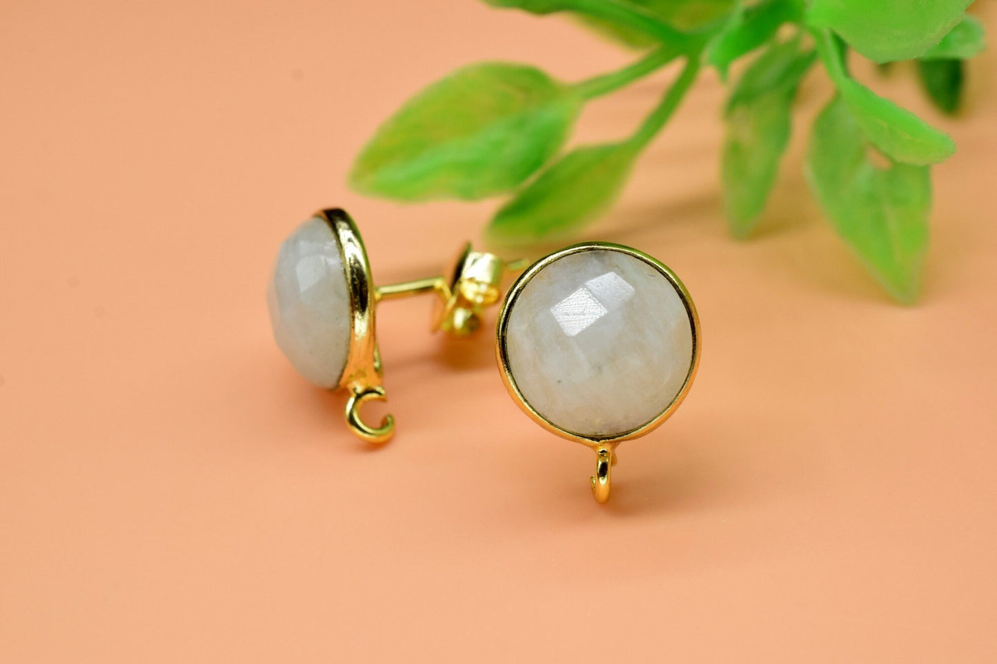 10mm Round Moonstone Earring Connector,Jewelry Craft Supplies,Earring connectors post stud,Jewelry,Bezel Rim Connector,Earring Findings