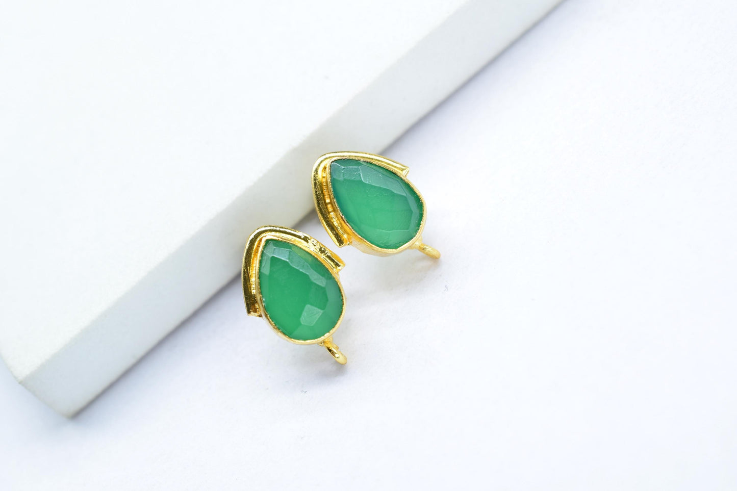 Green Onyx Studs Connector/Gold Plated Earring/Handmade Studs/Bezel Set Studs/Teardrop Earring/Women Jewelry/Onyx Connector Studs/B'day Gift