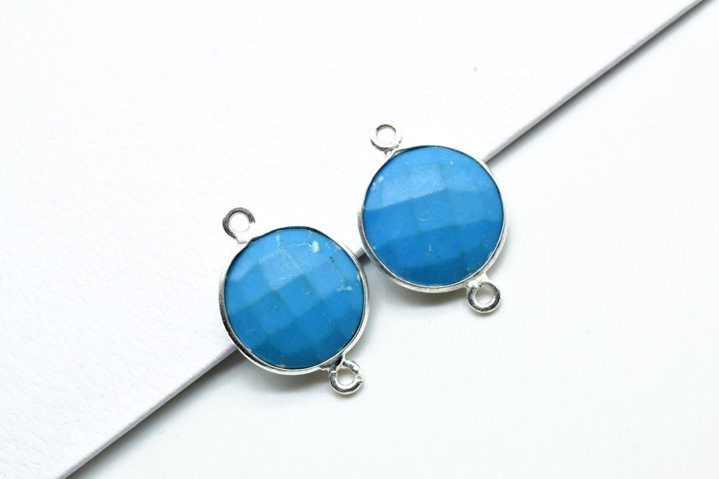 Natural Turquoise 14mm Round double bail connectors,Turquoise Pendant,Faceted Turquoise bezel link,Gemstone Charm,Gemstone Pendant, charms