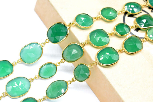 Green onyx Faceted Connectors,Gold Bezel Chain,Free Size Gemstone Connector,Handmade Station Bezel Link Chain,Green onyx Bezel Jewelry,Gift
