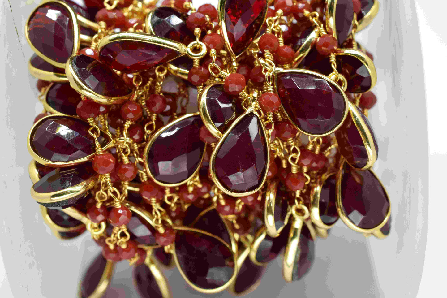Garnet Gemstone 8x12mm Teardrop Shape Bezel Chain,Ruby Quartz 3mm Beads Chain,Garnet Connector Link Chain,Garnet Connector Chain For Jewelry