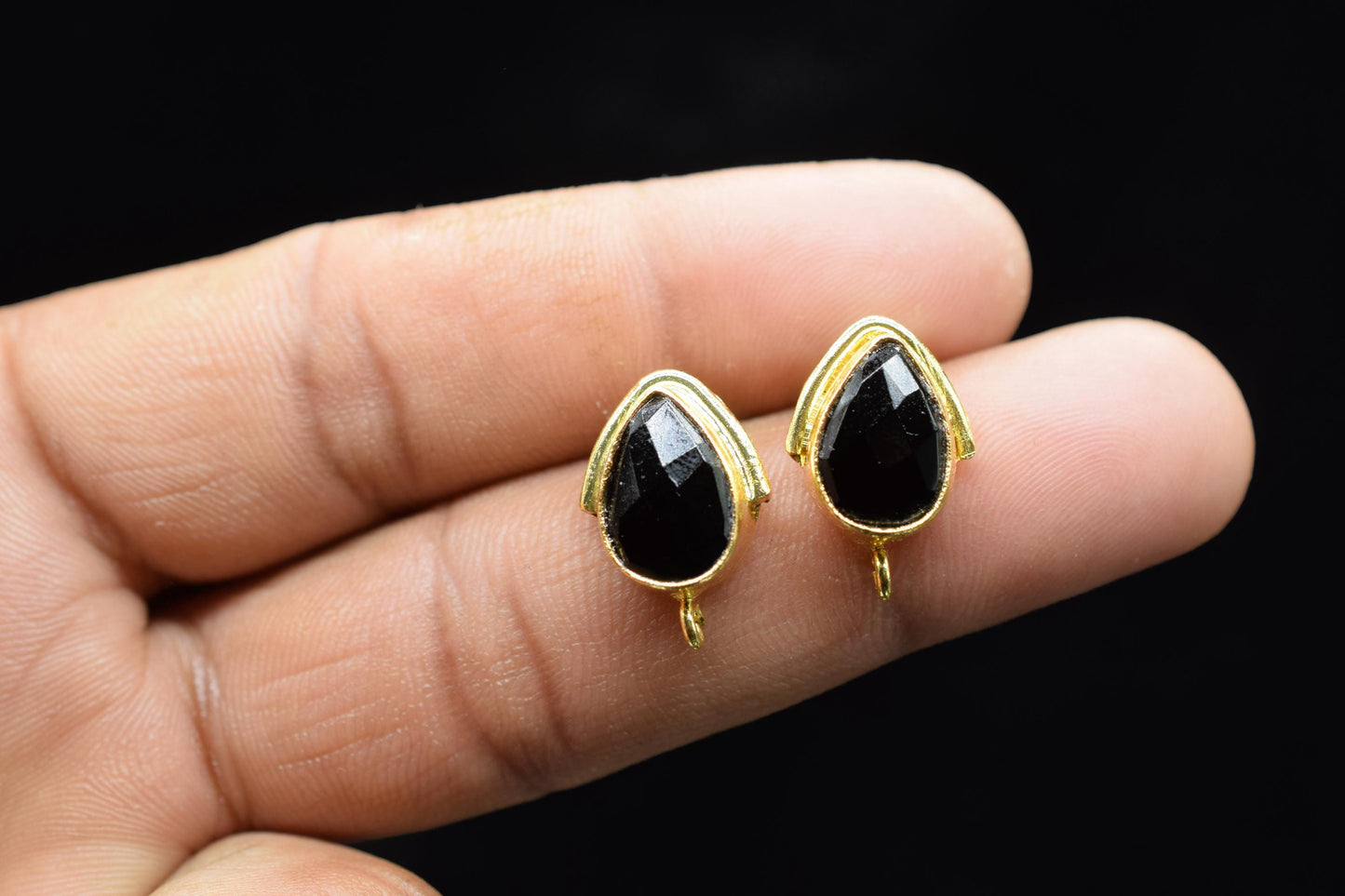 Black Onyx Studs Earring/Gold Plated Earring/Handmade Earring/Bezel Set Earring/Teardrop Earring/Women Jewelry/Connector Earring/Gift