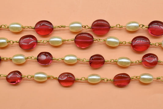 Pink Tourmaline & Pearl Gemstone Gold Chain,Oval Shape Gemstone Beads Rosary Chain,Gold Plated Pink Tourmaline - Pearl Gemstone Rosary Chain