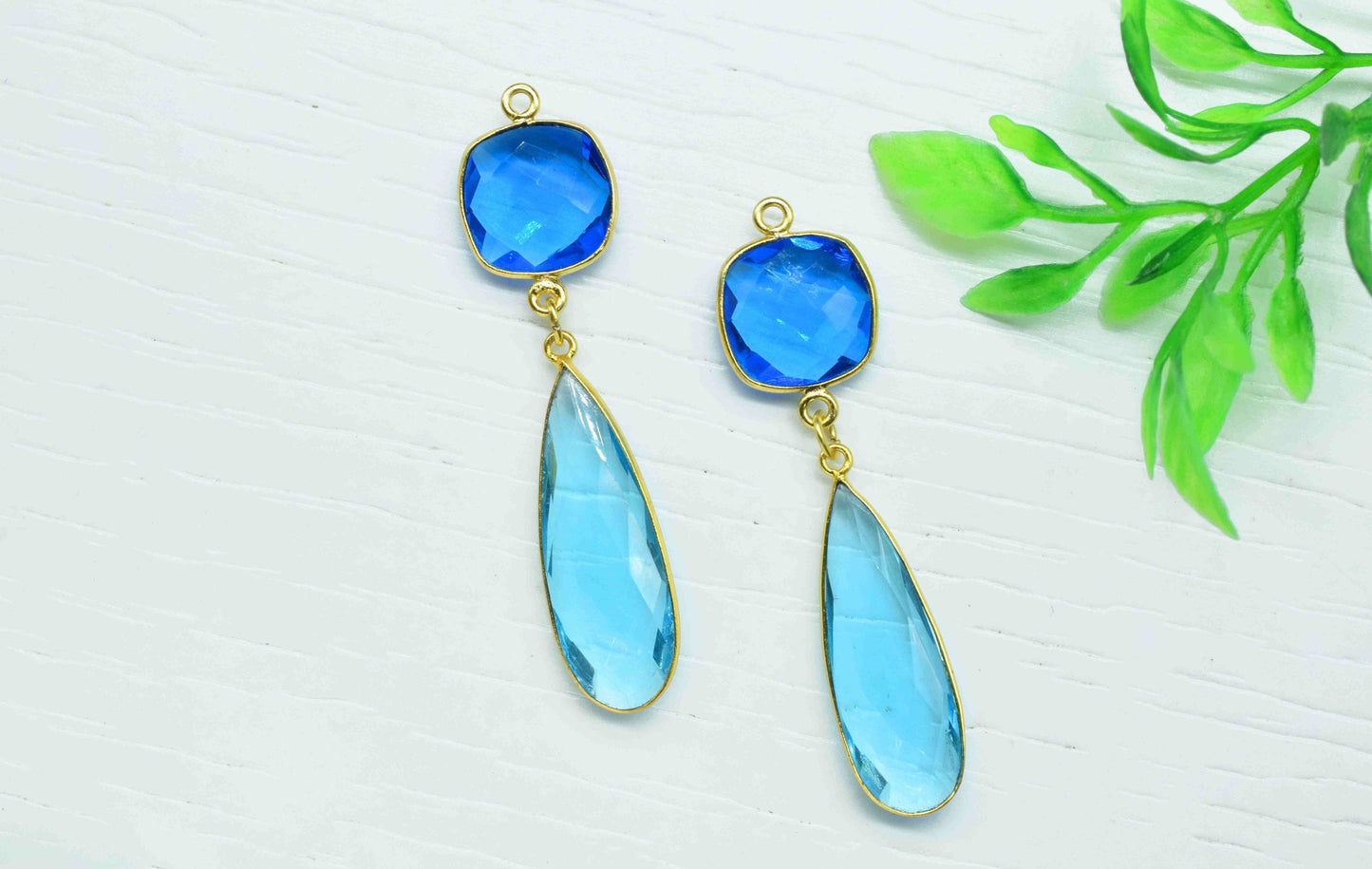 Multi Gemstone Dangle pendant Charms,Blue Topaz pendant Connectors,Dual Stone Dangle Earring,Handmade pendant,Station Link,Component jewelry