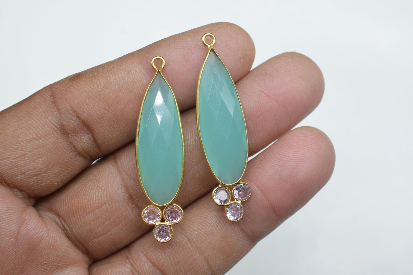Aqua Chalcedony 10x30mm Pear shape Bezel charms,Aqua Chalcedony Pendant,Aqua Gemstone connector,Aqua Jewelry,Cubic zirconia Bezel charm,P121