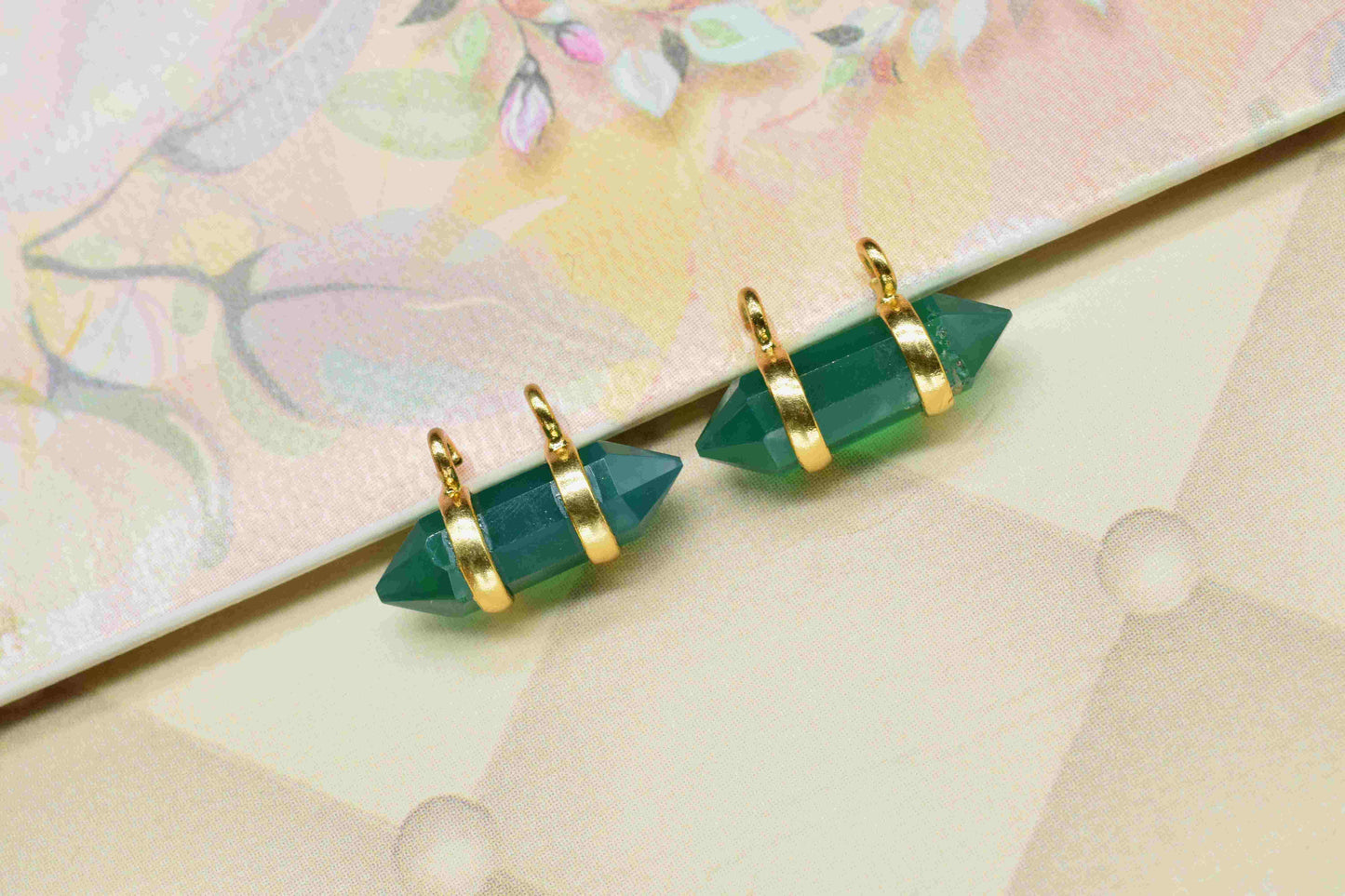 Green Onyx 5x15mm Point Shape Pendant,Onyx Double Bail Component,Green Onyx Two side point Shape Electroplating Pendant,Jewelry Making,Gift