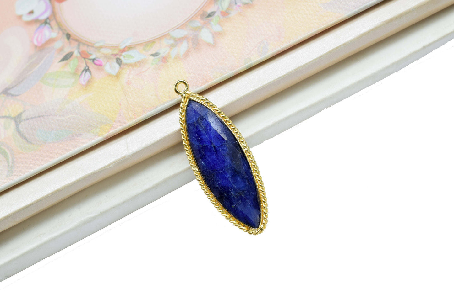 Blue Sapphire Gemstone 10x30mm Marquise shape charm,Sapphire Faceted Briolette Connector,Sapphire Gold Plating bezel,Sapphire Bezel Pendants
