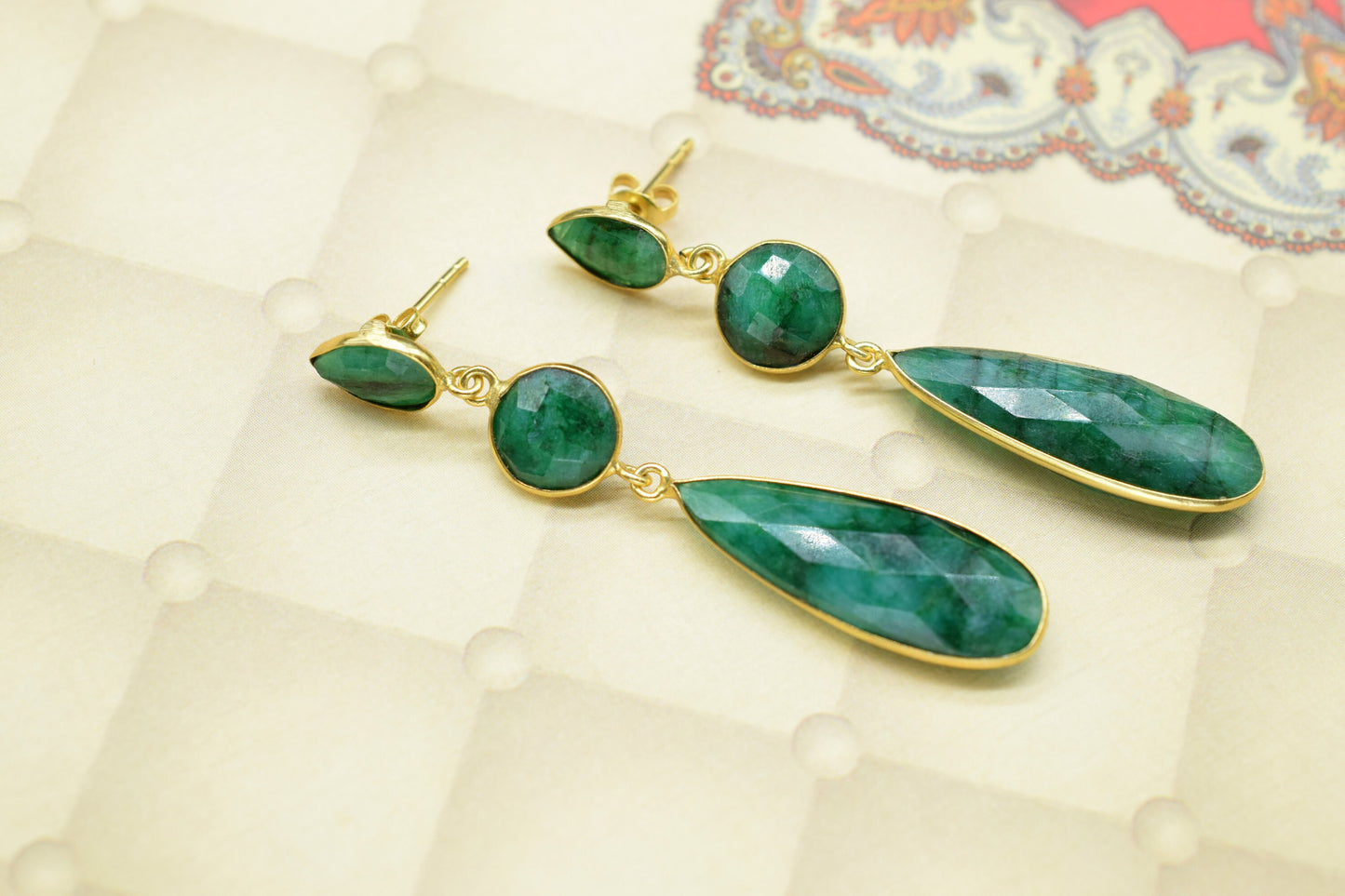 Natural Emerald Dangle Earring/Bridal Earring/Gold Plated Earring/Bridal Jewelry/Statement Earrings For Bridal/Emerald Jewelry/Gift