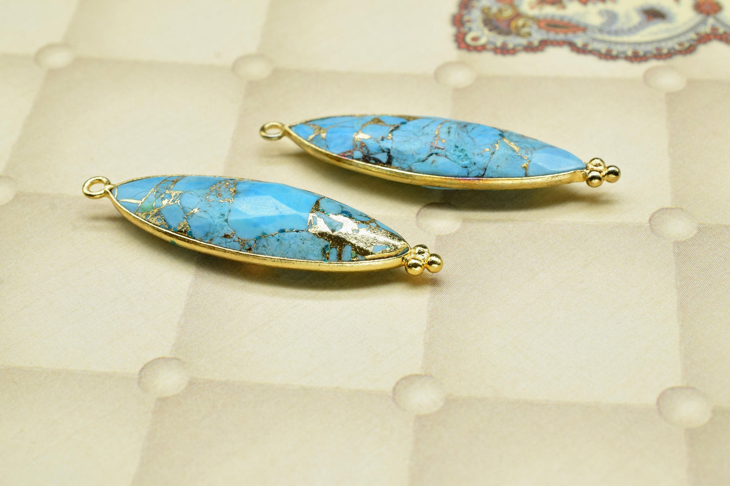 Copper Turquoise Gemstone Charms Pendant,Turquoise Single Bail Pendant Jewelry,Copper Turquoise 10x34mm Marquise Shape Gold Plating Charms