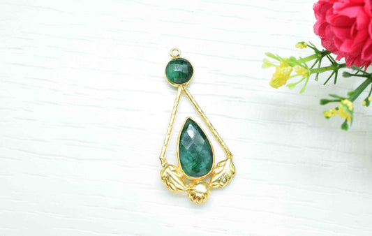 Emerald Gemstone Pendant , Emerald  Handmade Pendant , Multi Gemstone Charms ,Gold Plated Gemstone Connectors , Summer Collection