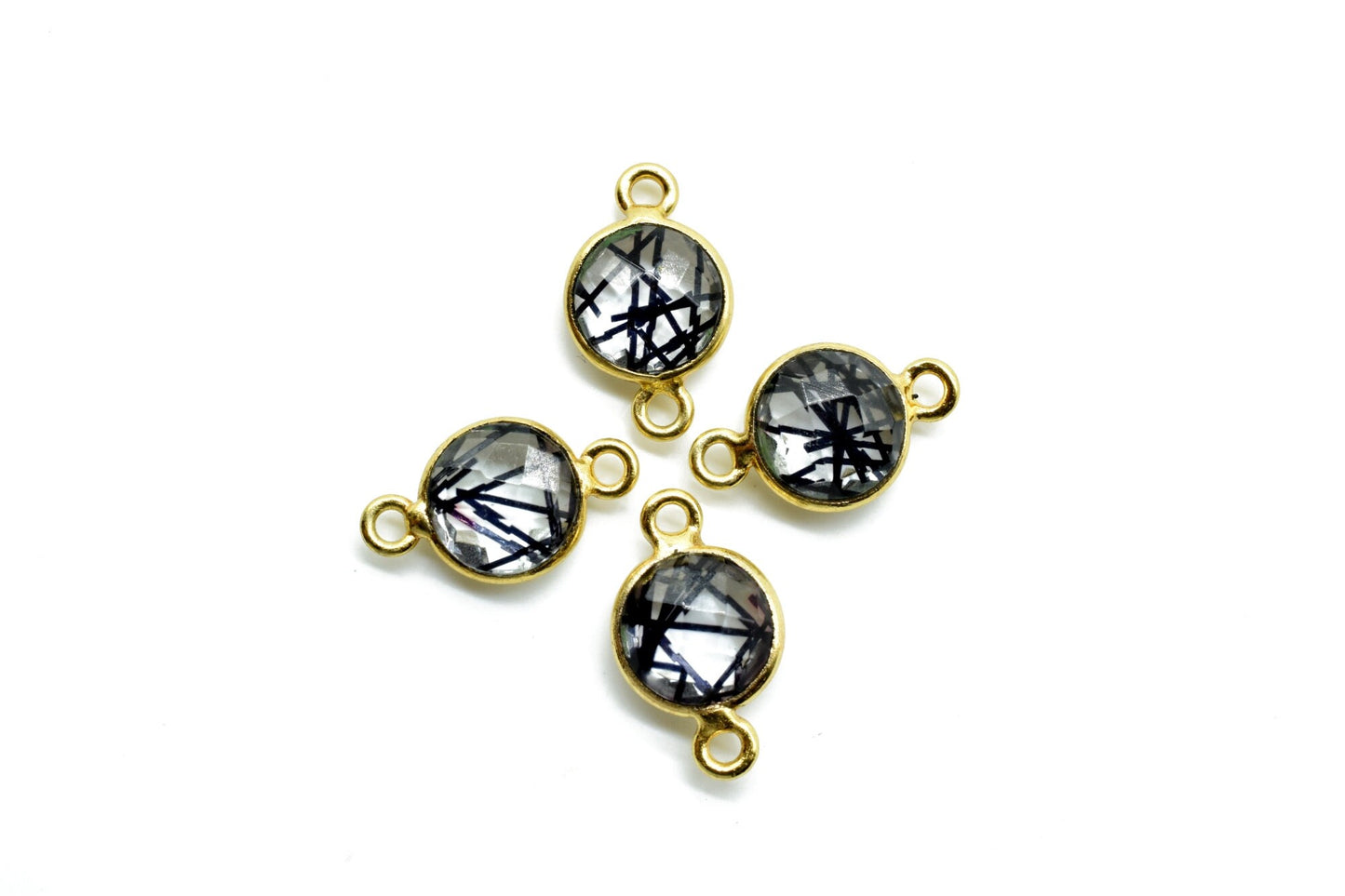 Black Rutile 8mm double bail connector,Black Rutile Pendant,Black Rutile Round Gold Plated bezel,jewelry making charm,Brass Rutile connector