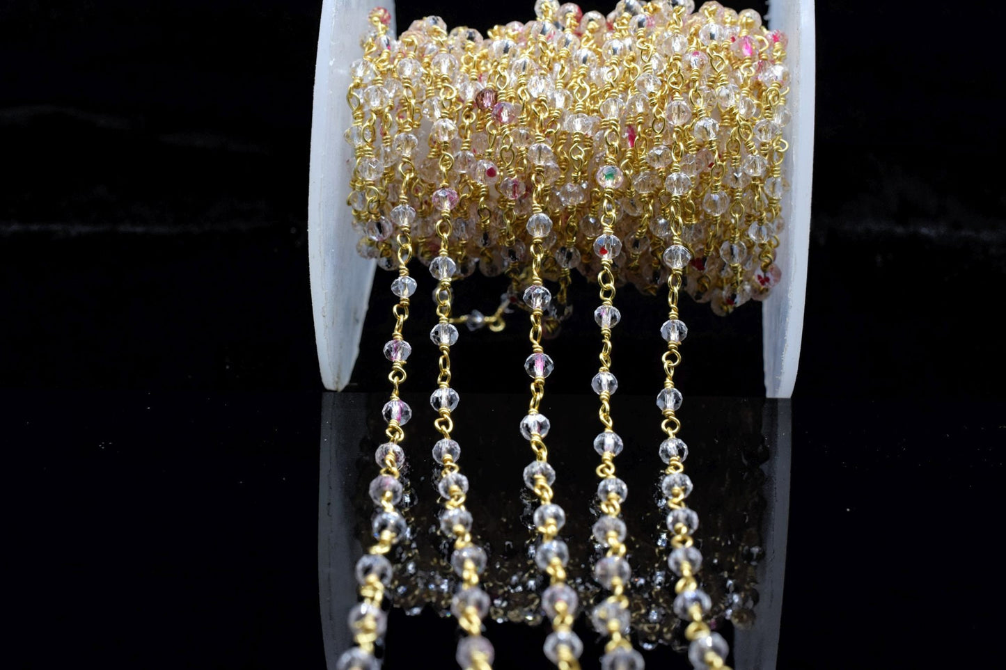 Crystal Quartz 3mm Beaded Chain,Rosary,Crystal Quartz Wire Wrap Chain,Crystal Quartz Brass chain Jewelry Making Chain,Crystal Quartz Rosary